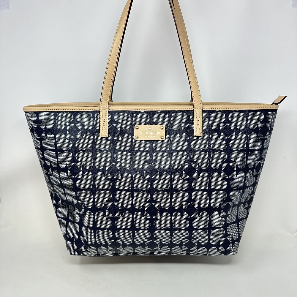 Kate Spade Tote Purse Handbag Harmony Navy Ace of Spades Pebbled Tan Hamptons